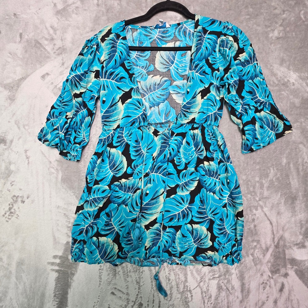 Blue Island Tropical Palm Leaf Print V-Neck Tassel Top Blue Black XS 7602-237